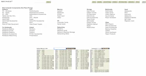 Pricewatch.com in 2001, generated from Archive.org